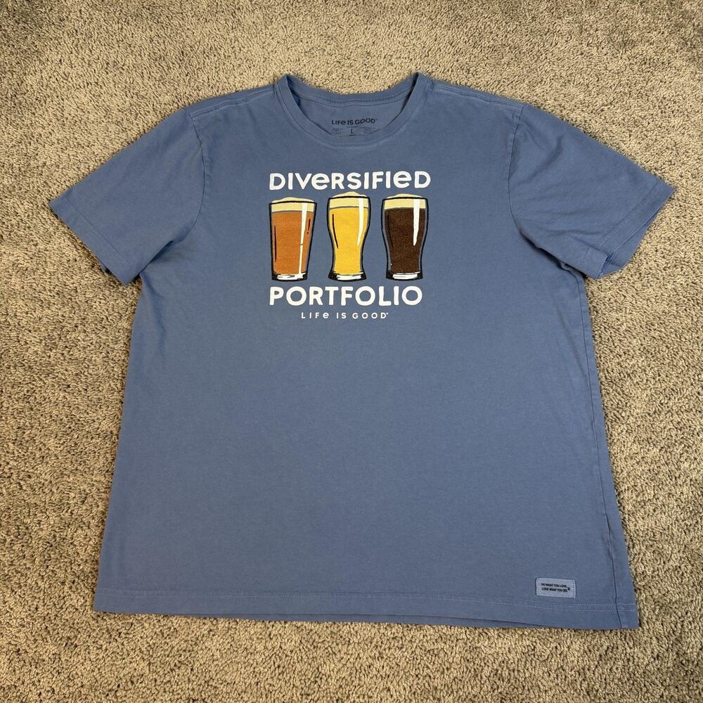 Life Is Good Shirt Mens L Blue Diversified Portfolio Beer Graphic Crew